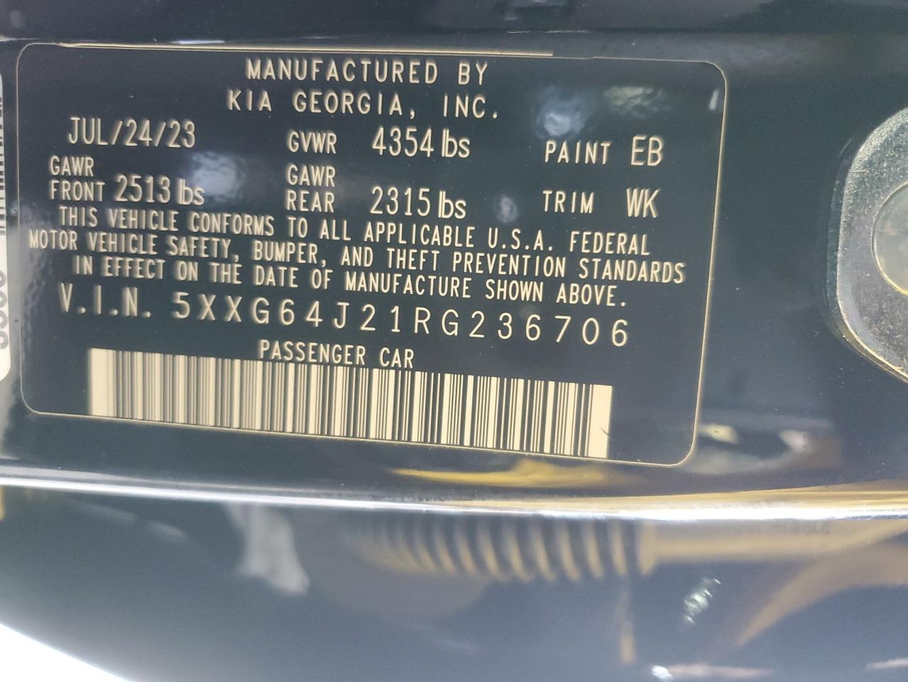 2024 KIA K5 GT LINE VIN:5XXG64J21RG236706