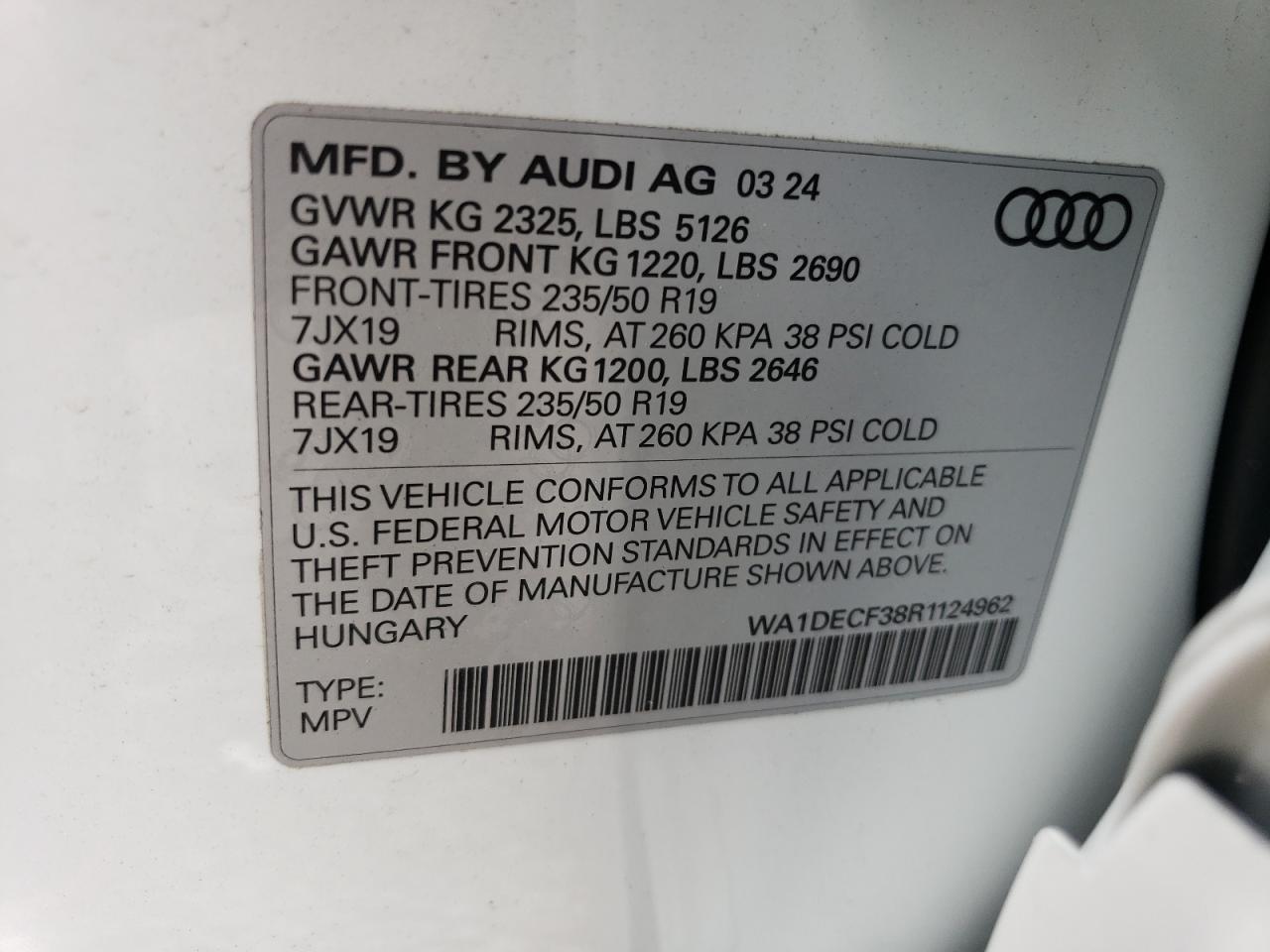 2024 AUDI Q3 PREMIUM S LINE 45 VIN:WA1DECF38R1124962