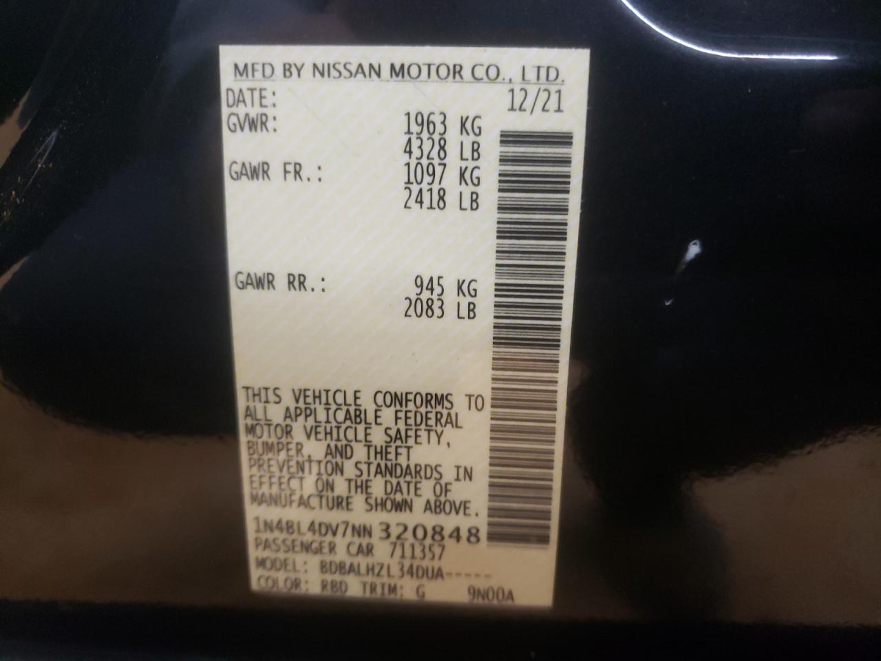 2022 NISSAN ALTIMA SV VIN:1N4BL4DV7NN320848