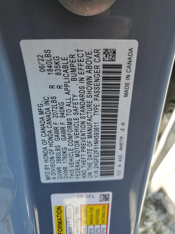 2022 HONDA CIVIC SPORT VIN:2HGFE2F51NH593611