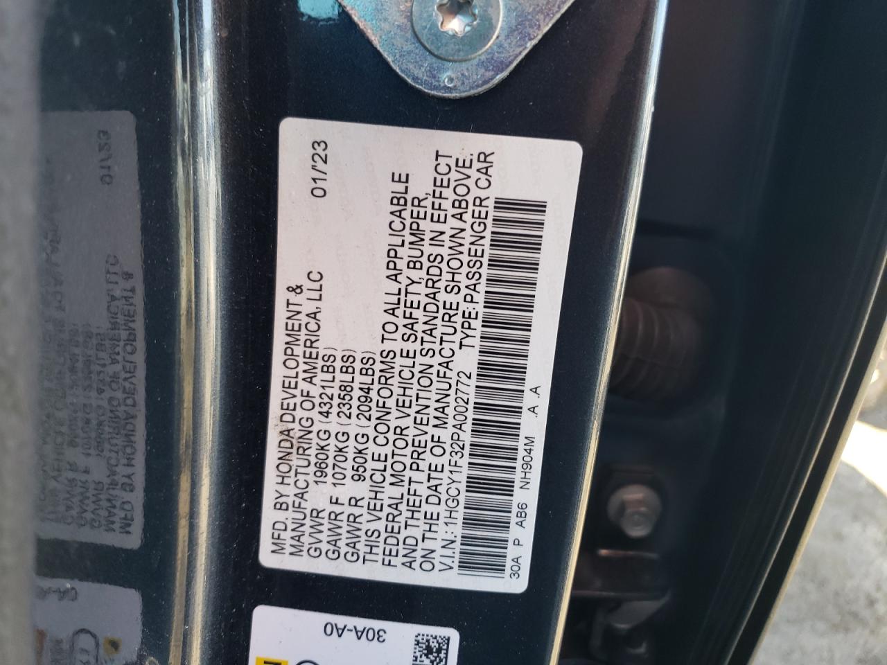 2023 HONDA ACCORD EX VIN:1HGCY1F32PA002772