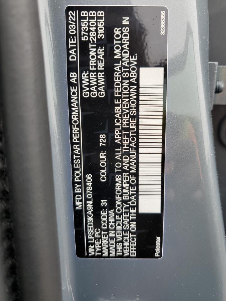 2022 POLESTAR 2 VIN:LPSED3KA9NL078406