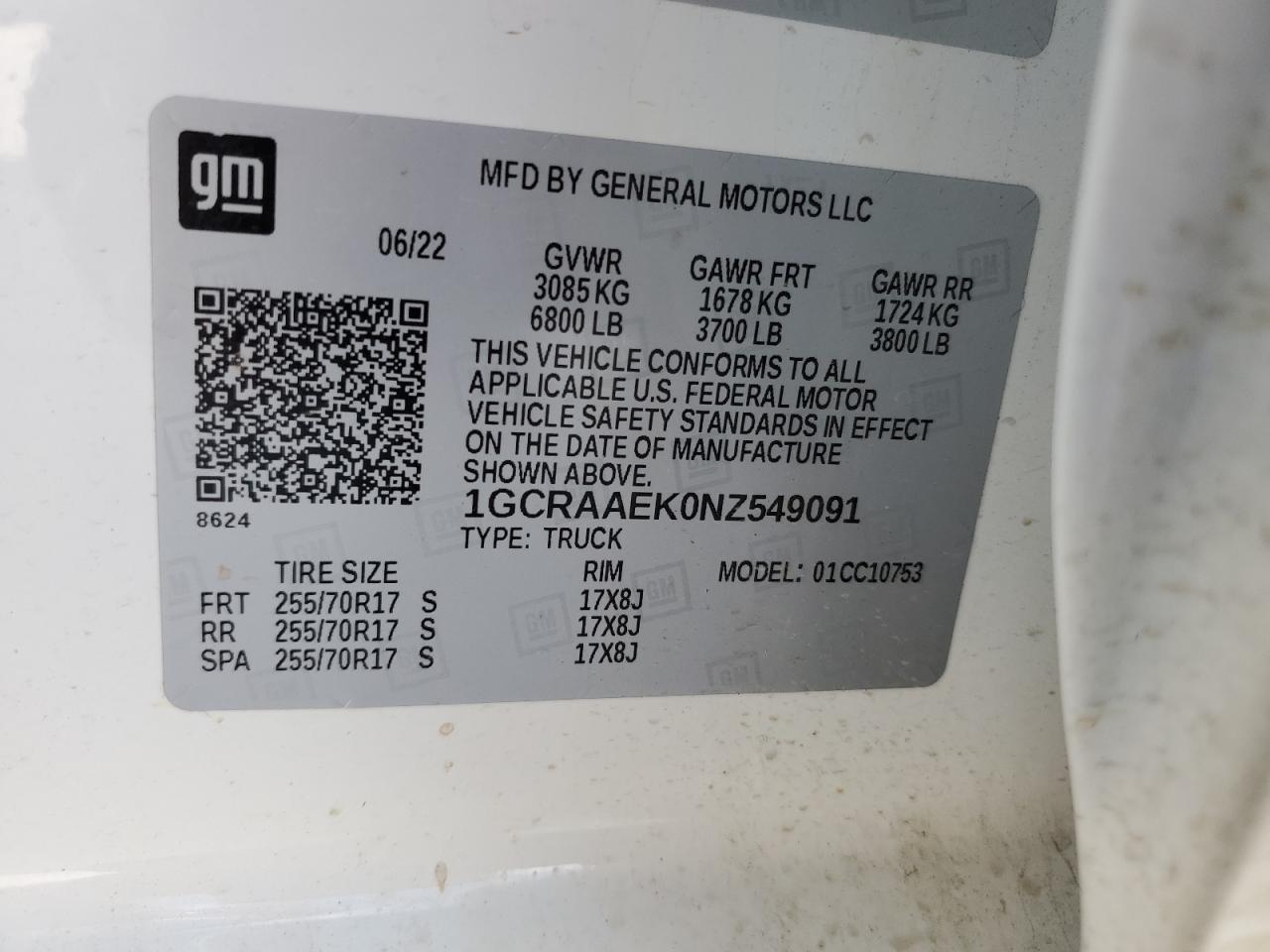 2022 CHEVROLET SILVERADO C1500 VIN:1GCRAAEK0NZ549091