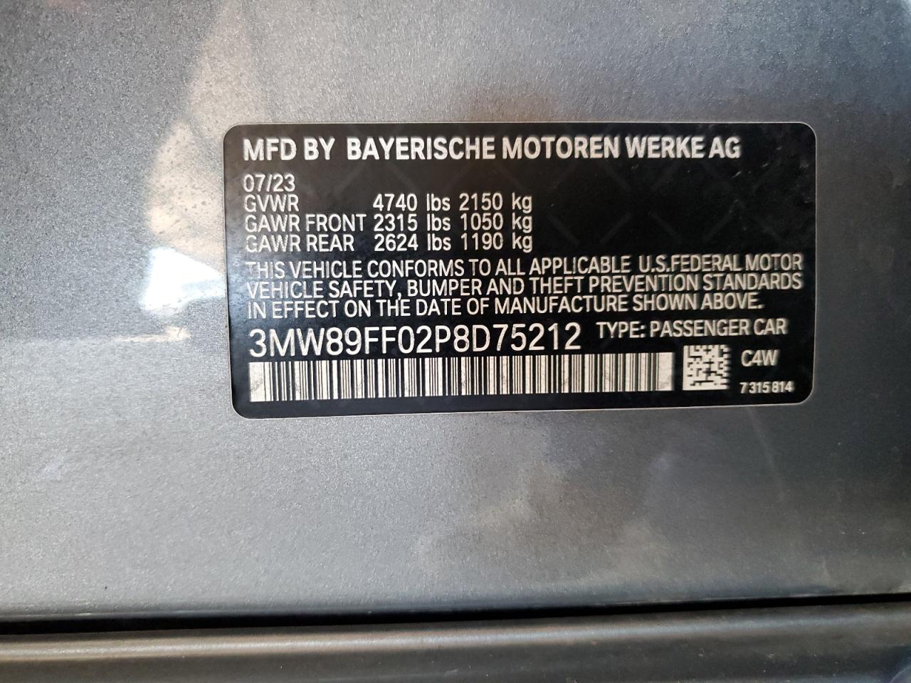 2023 BMW 330XI VIN:3MW89FF02P8D75212