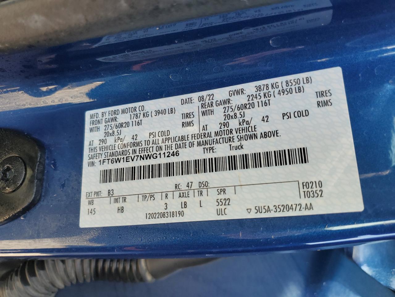 2022 FORD F150 LIGHTNING PRO VIN:1FT6W1EV7NWG11246