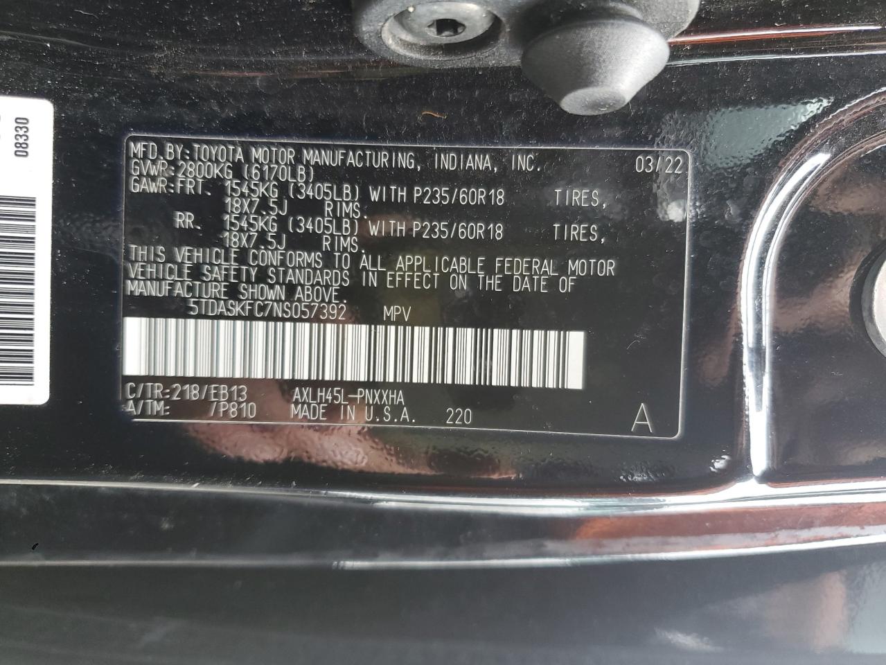 2022 TOYOTA SIENNA XLE VIN:5TDASKFC7NS057392