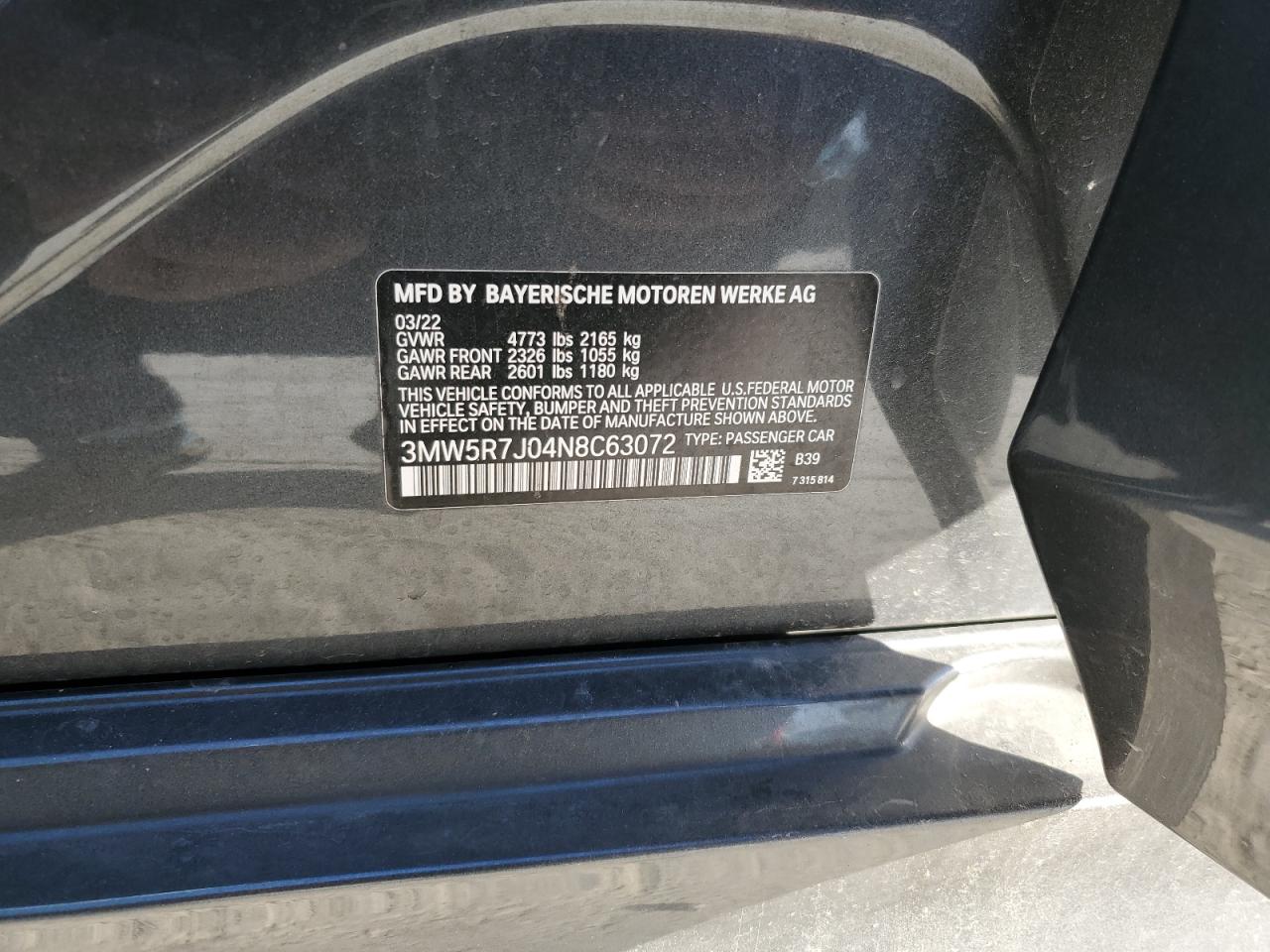 2022 BMW 330XI VIN:3MW5R7J04N8C63072