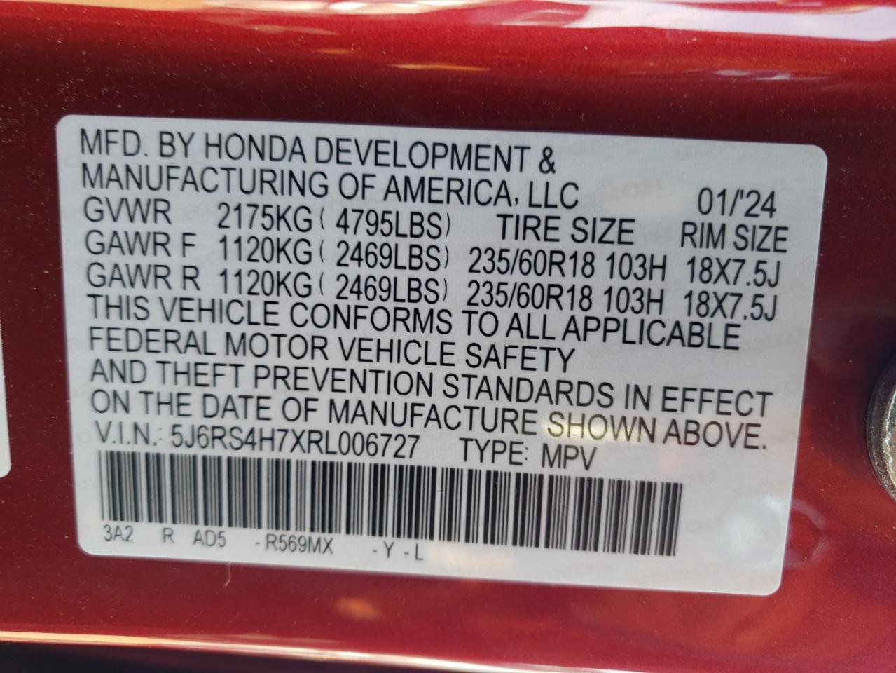 2024 HONDA CR-V EXL VIN:5J6RS4H7XRL006727