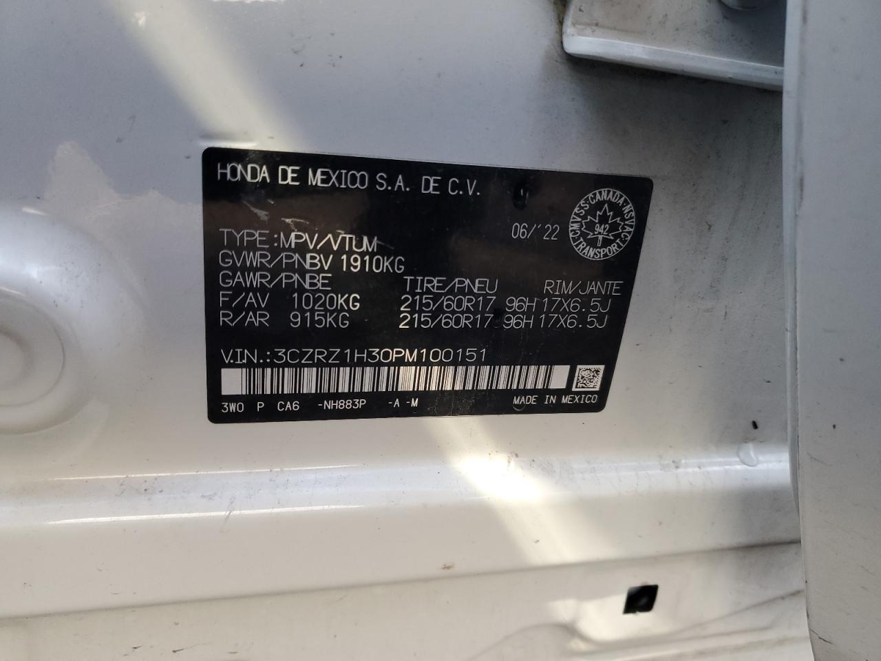 2023 HONDA HR-V LX VIN:3CZRZ1H30PM100151