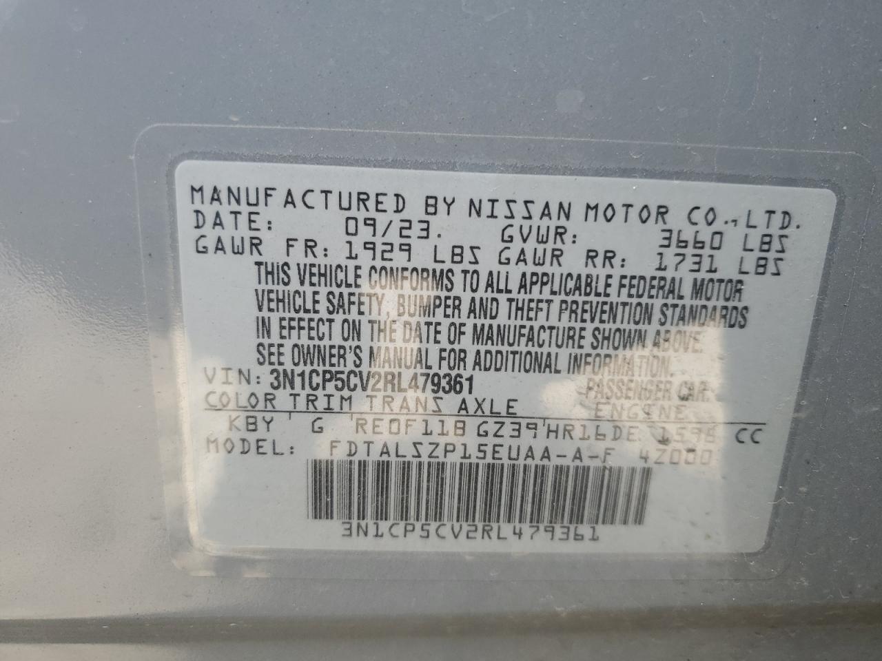 2024 NISSAN KICKS SV VIN:3N1CP5CV2RL479361