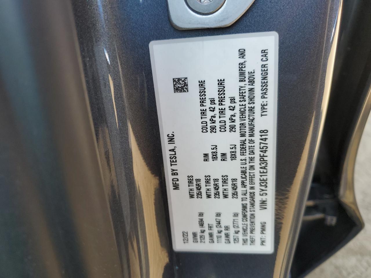 2023 TESLA MODEL 3 VIN:5YJ3E1EA3PF457418