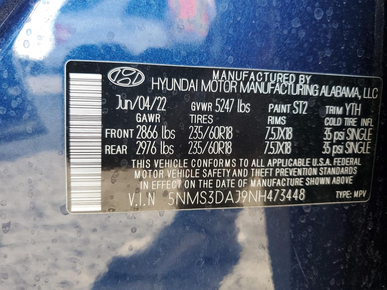 2022 HYUNDAI SANTA FE SEL VIN:5NMS3DAJ9NH473448