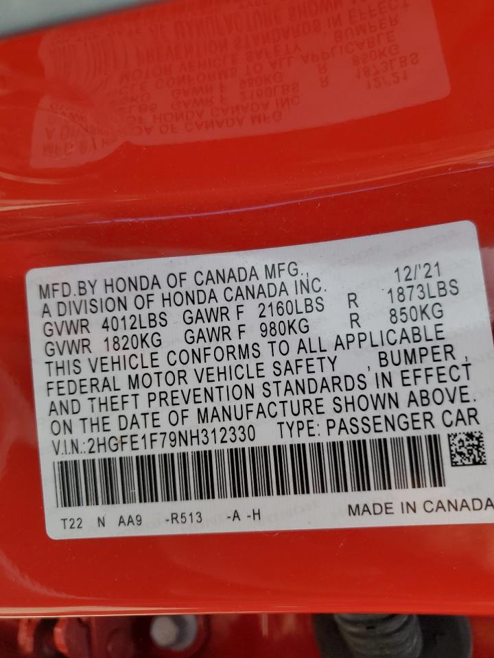 2022 HONDA CIVIC EX VIN:2HGFE1F79NH312330