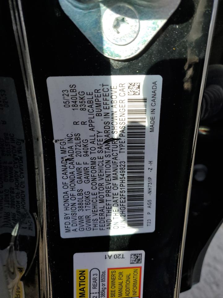 2023 HONDA CIVIC SPORT VIN:2HGFE2F51PH549823