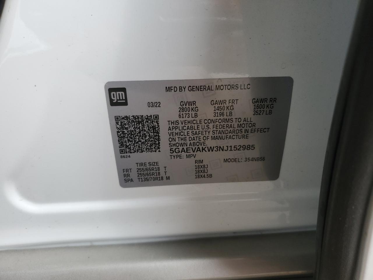 2022 BUICK ENCLAVE ESSENCE VIN:5GAEVAKW3NJ152985