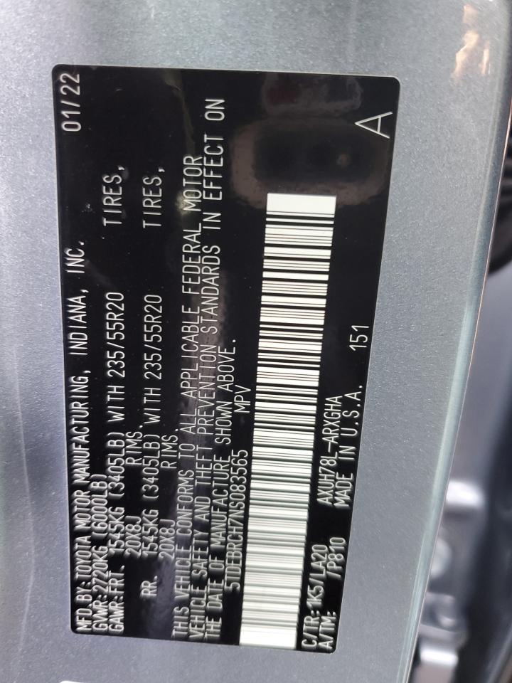 2022 TOYOTA HIGHLANDER HYBRID PLATINUM VIN:5TDEBRCH7NS083565