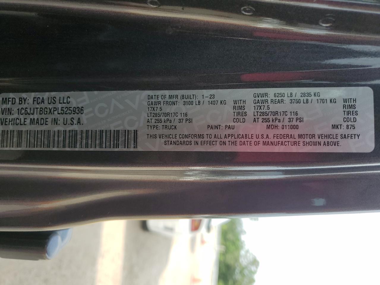 2023 JEEP GLADIATOR RUBICON VIN:1C6JJTBGXPL525936