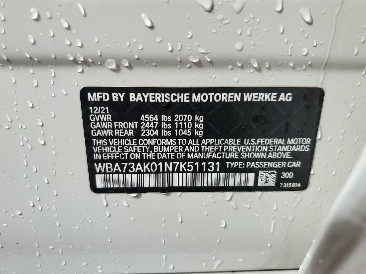 2022 BMW 228XI VIN:WBA73AK01N7K51131
