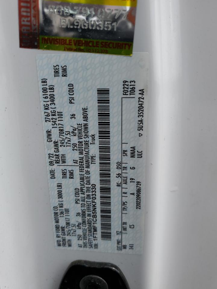2022 FORD F150 VIN:1FTMF1CB5NKF03330