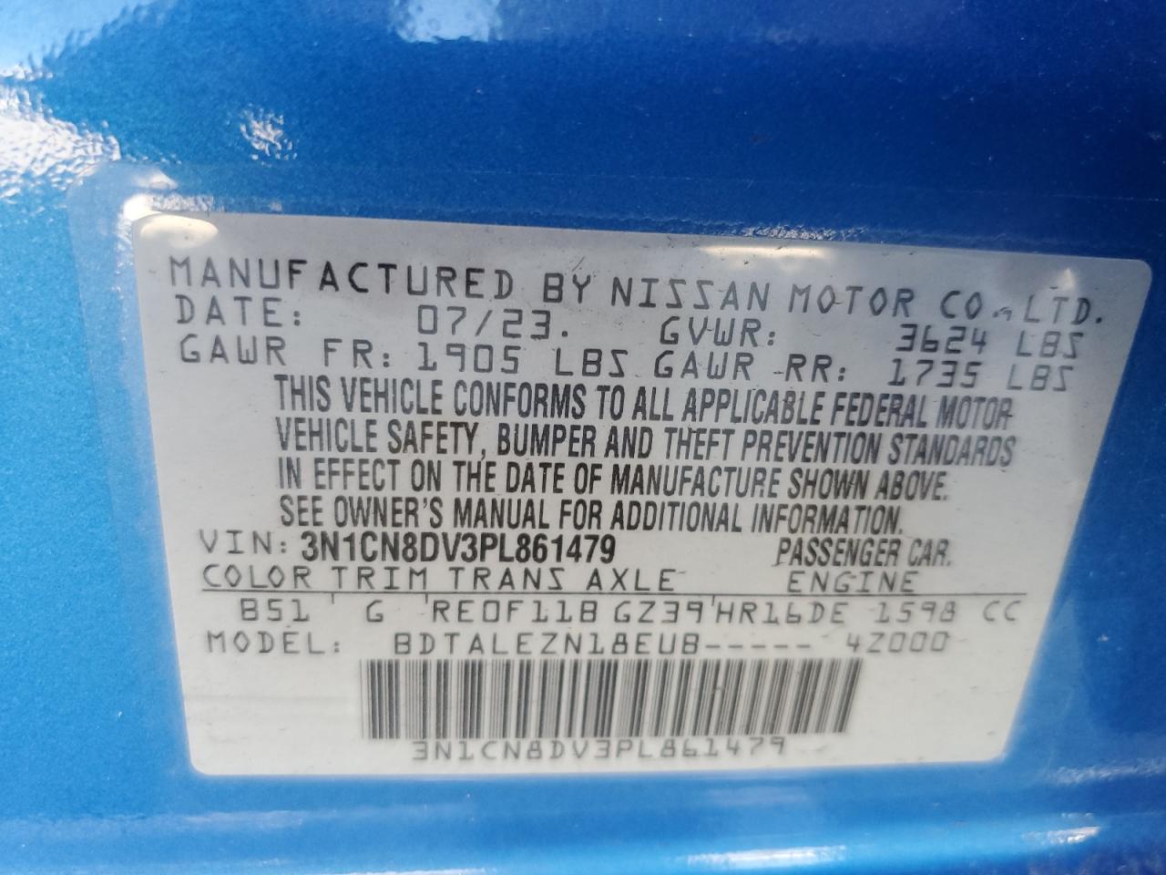 2023 NISSAN VERSA S VIN:3N1CN8DV3PL861479