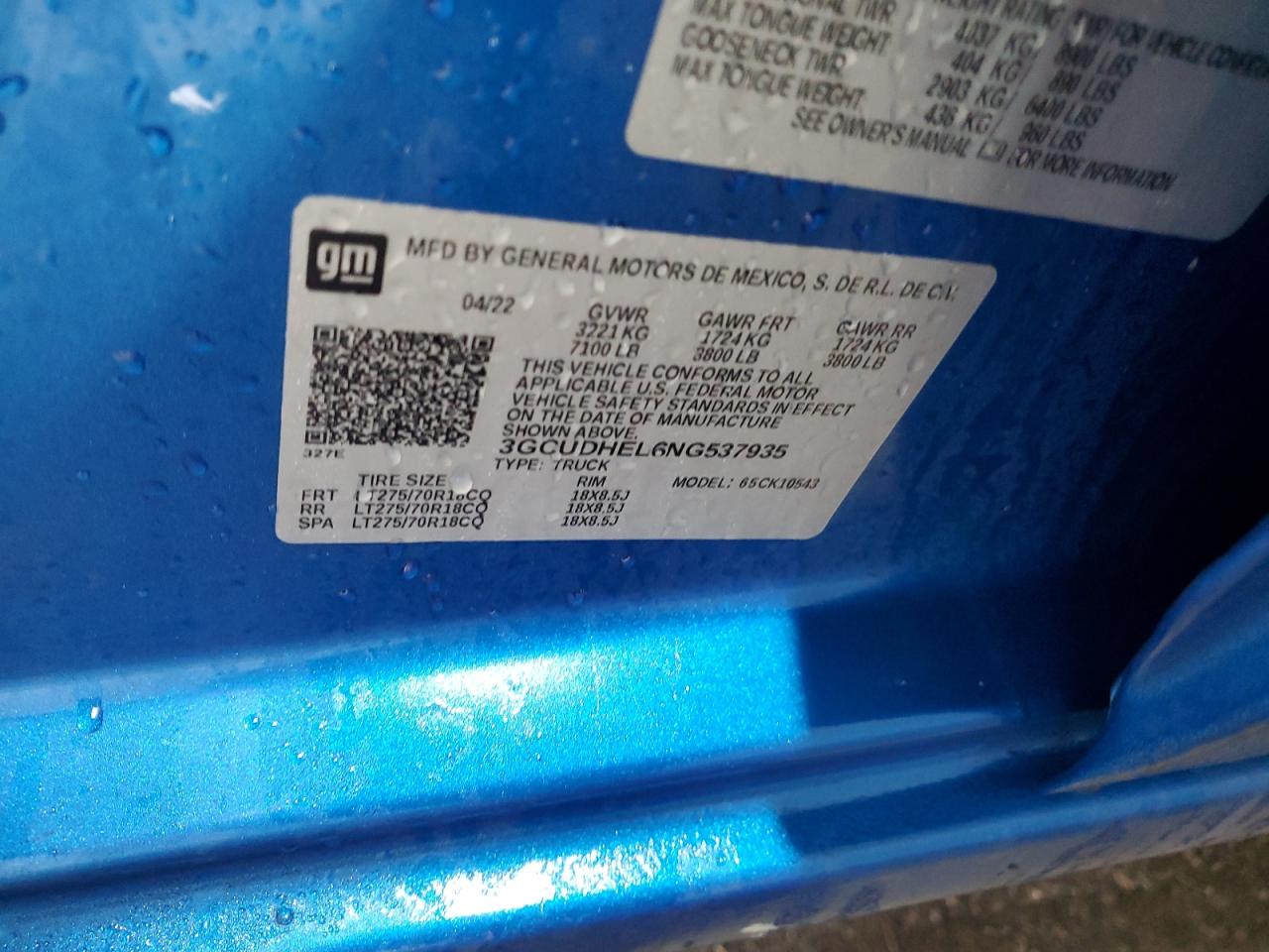 2022 CHEVROLET SILVERADO K1500 ZR2 VIN:3GCUDHEL6NG537935