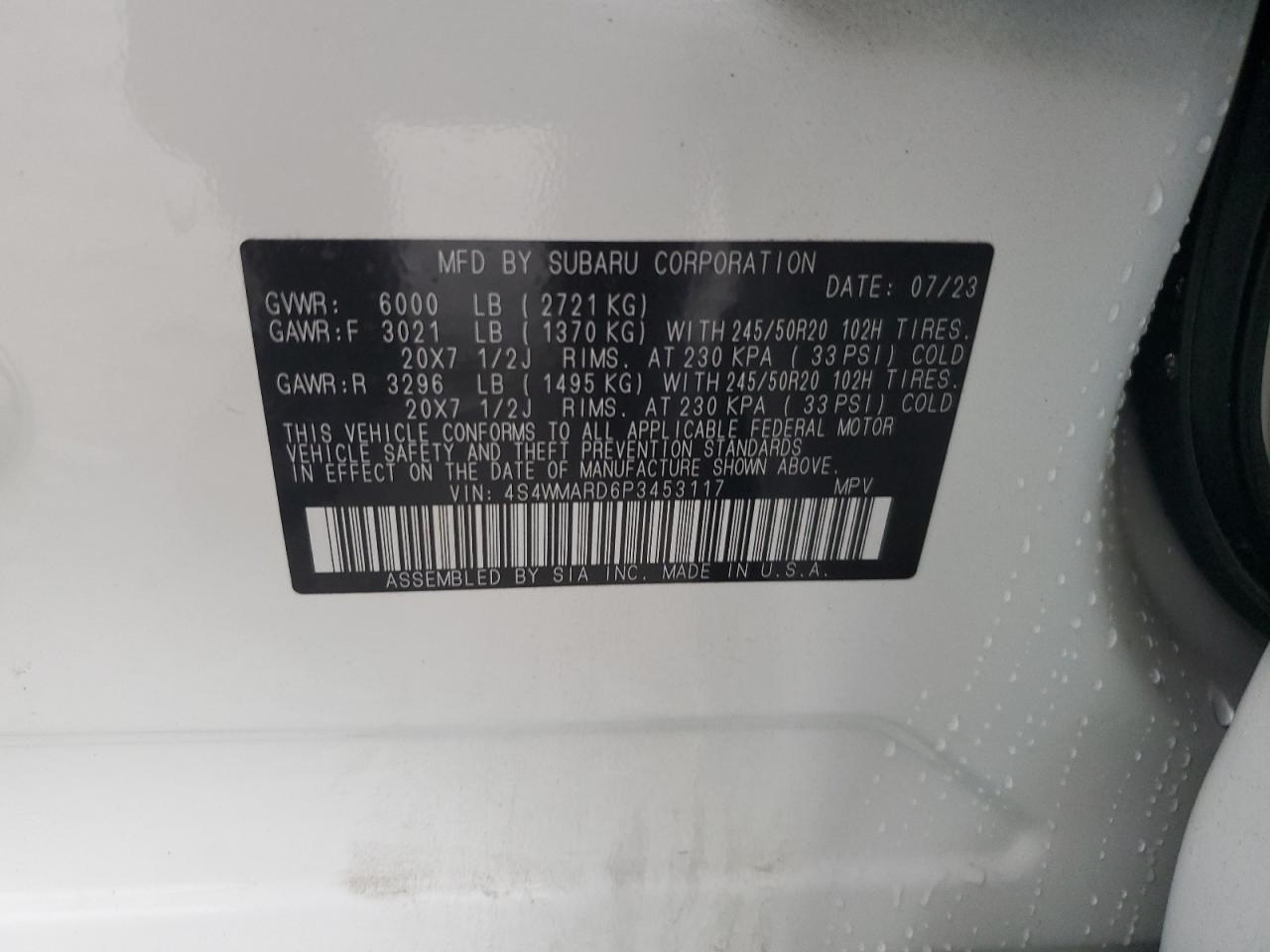 2023 SUBARU ASCENT TOURING VIN:4S4WMARD6P3453117