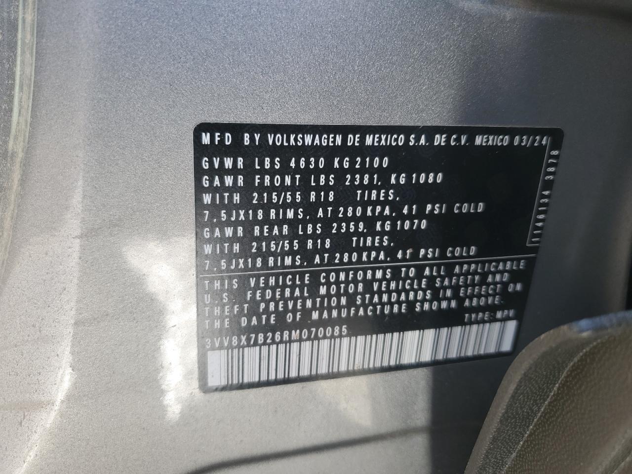 2024 VOLKSWAGEN TAOS S VIN:3VV8X7B26RM070085