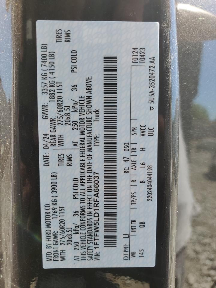 2024 FORD F150 LARIAT VIN:1FTFW5LD1RFA66037
