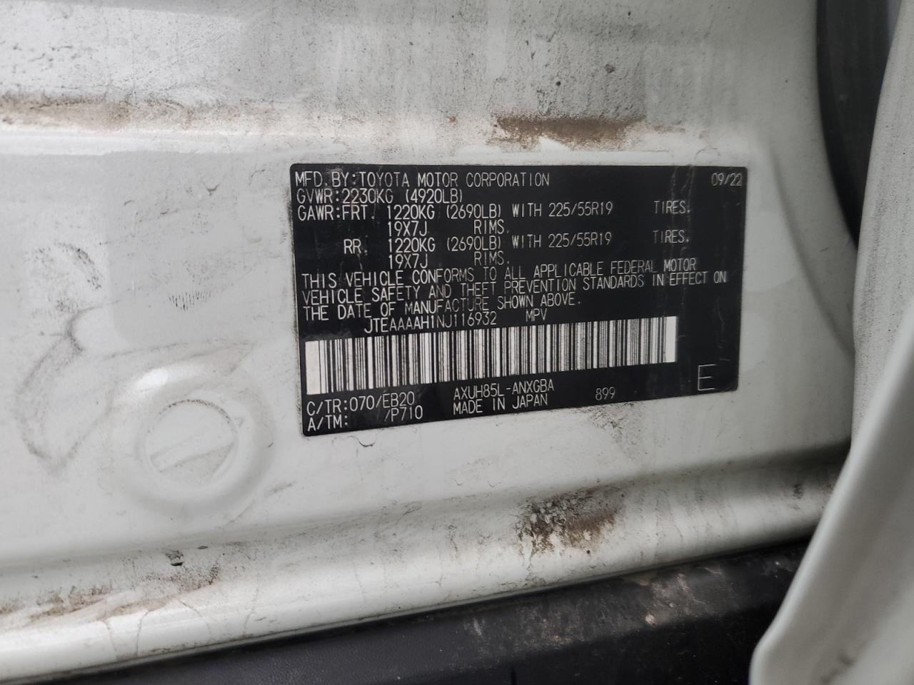2022 TOYOTA VENZA LE VIN:JTEAAAAH1NJ116932