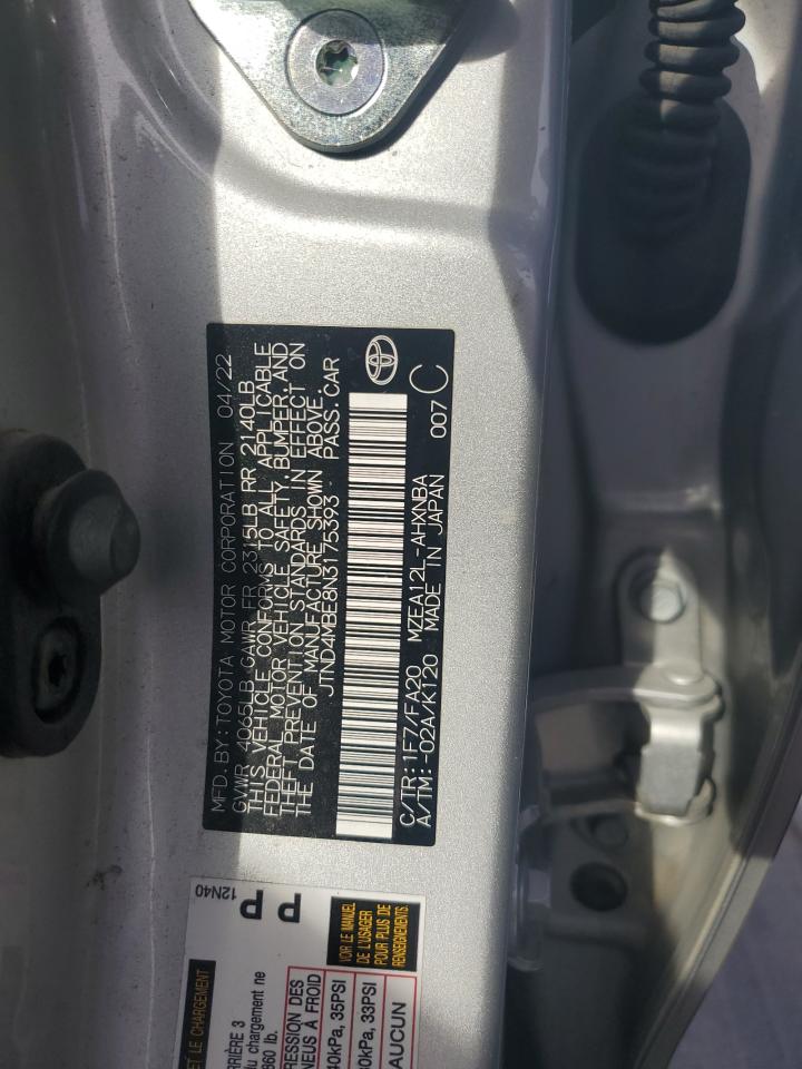 2022 TOYOTA COROLLA SE VIN:JTND4MBE8N3175393