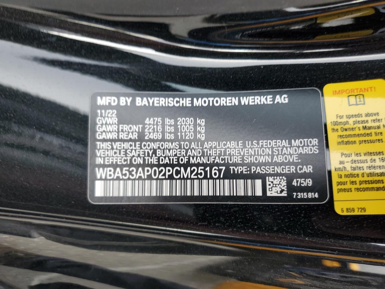 2023 BMW 430I VIN:WBA53AP02PCM25167