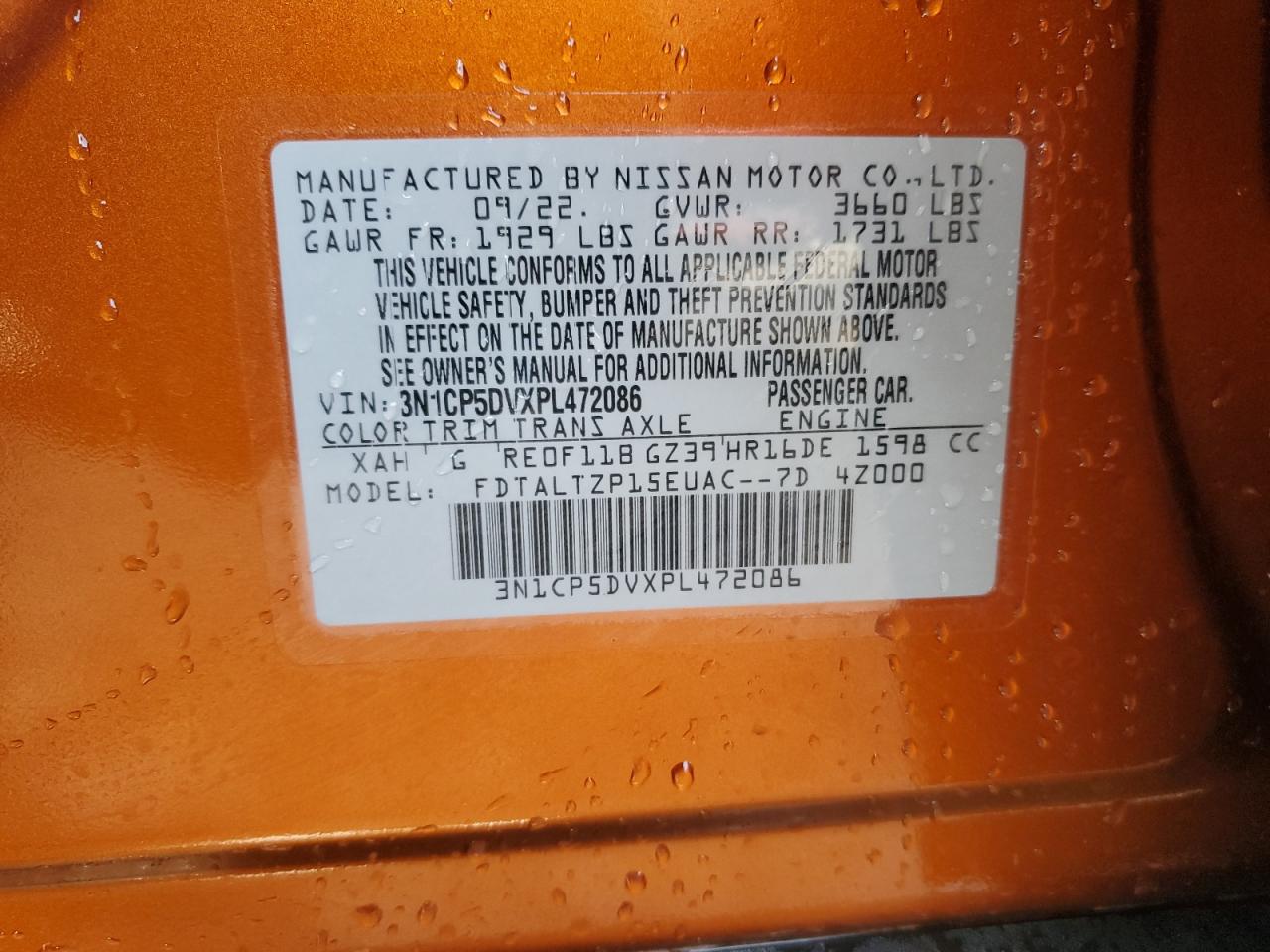 2023 NISSAN KICKS SR VIN:3N1CP5DVXPL472086