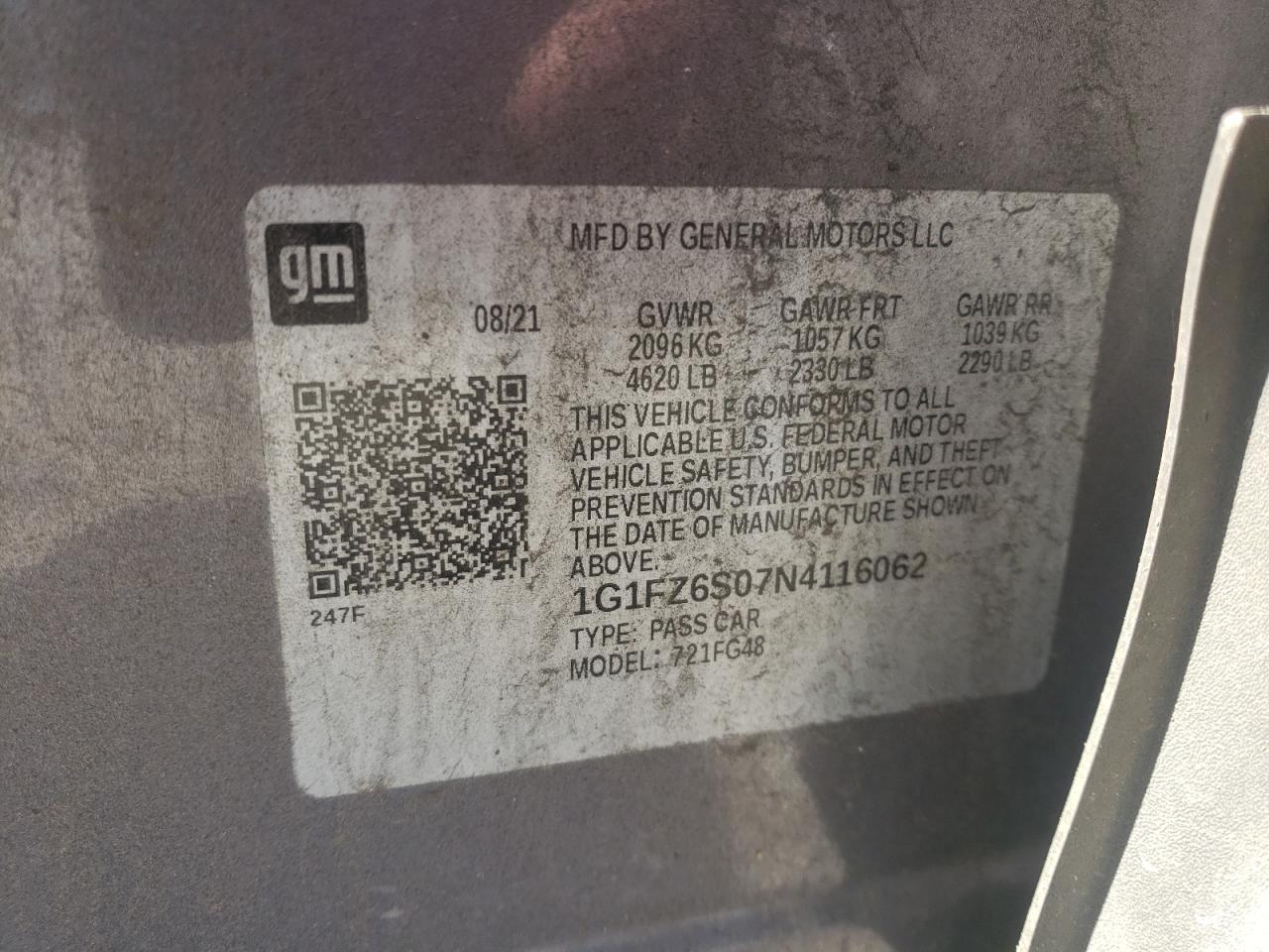 2022 CHEVROLET BOLT EUV PREMIER VIN:1G1FZ6S07N4116062