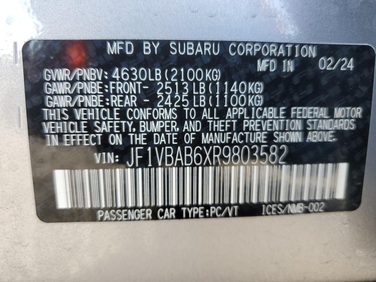 2024 SUBARU WRX VIN:JF1VBAB6XR9803582