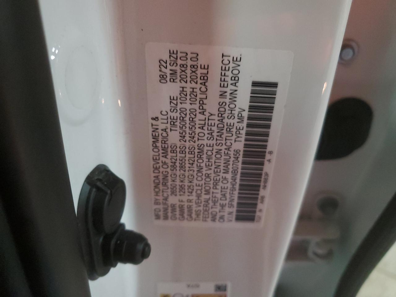 2022 HONDA PILOT ELITE VIN:5FNYF6H04NB070456