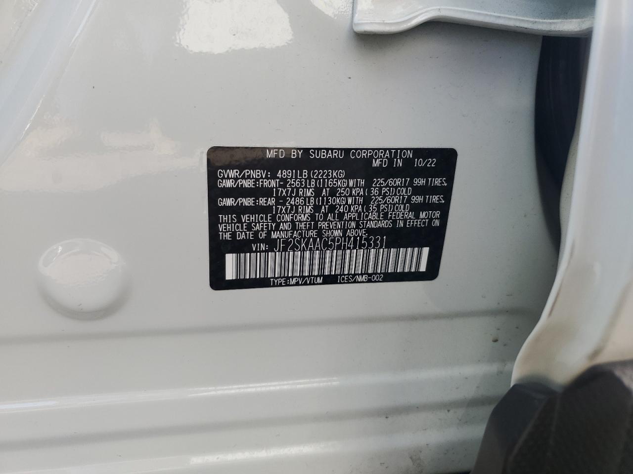 2023 SUBARU FORESTER VIN:JF2SKAAC5PH415331