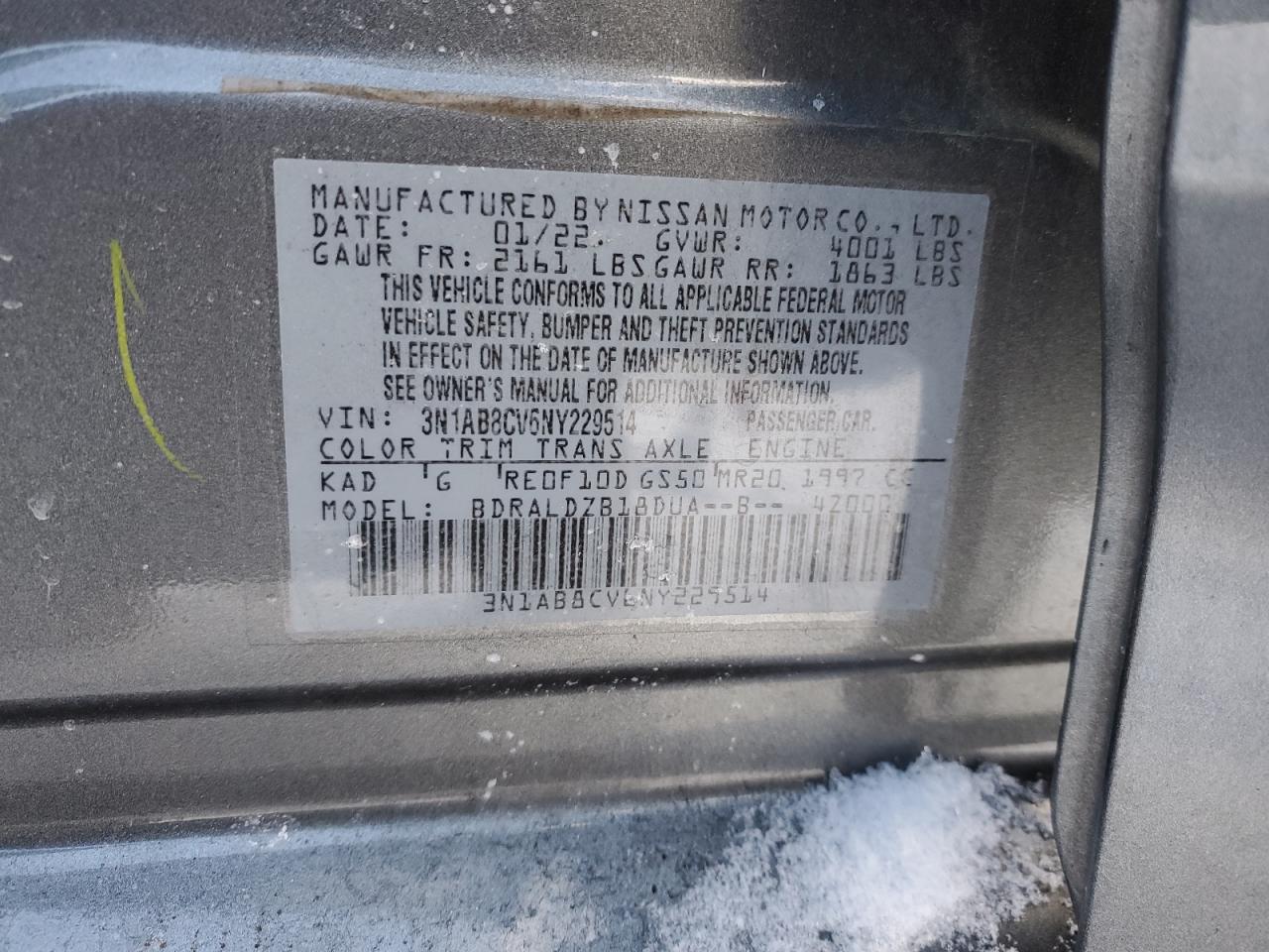 2022 NISSAN SENTRA SV VIN:3N1AB8CV6NY229514