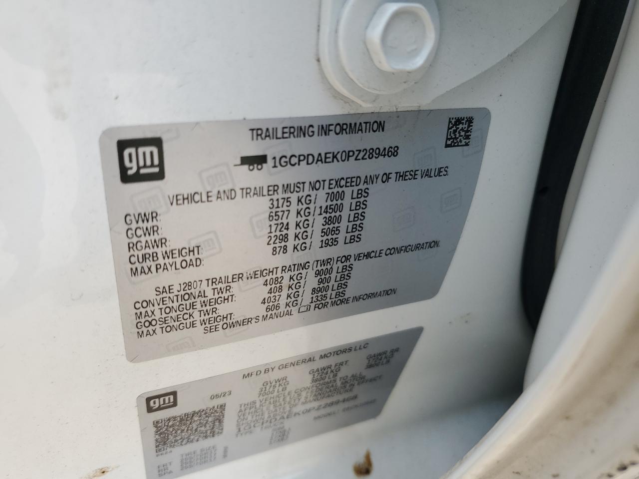 2023 CHEVROLET SILVERADO K1500 VIN:1GCPDAEK0PZ289468