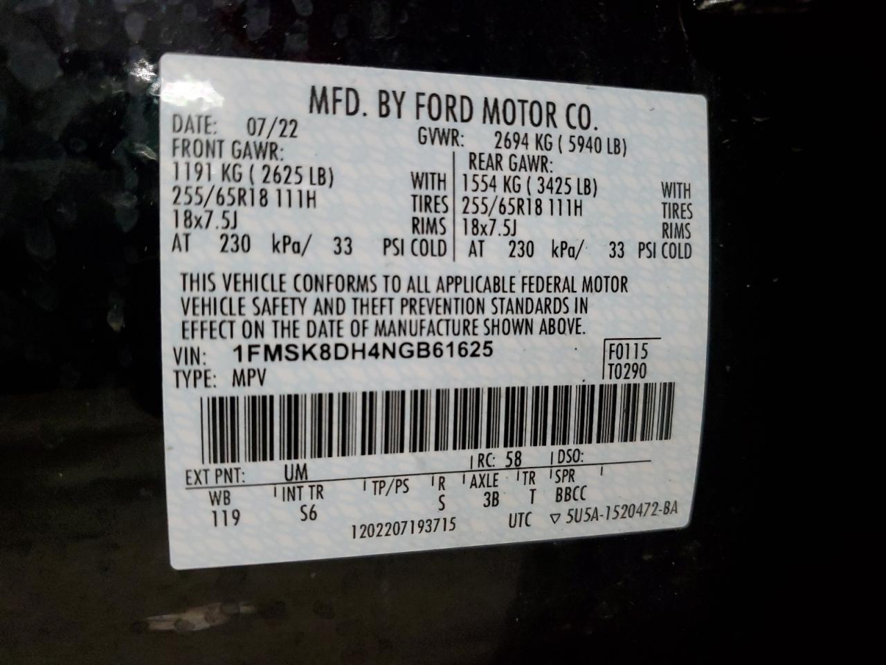2022 FORD EXPLORER XLT VIN:1FMSK8DH4NGB61625