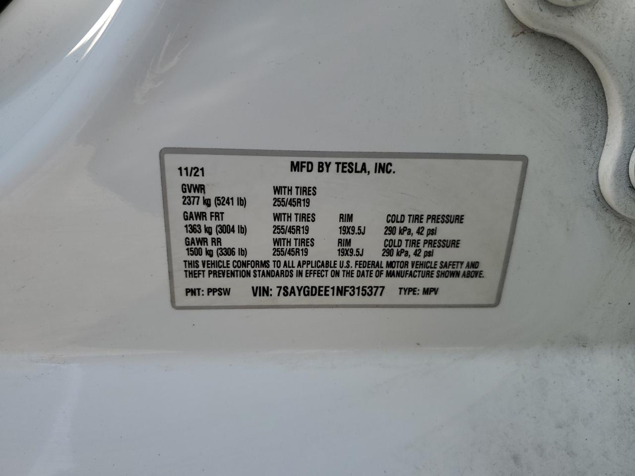 2022 TESLA MODEL Y VIN:7SAYGDEE1NF315377