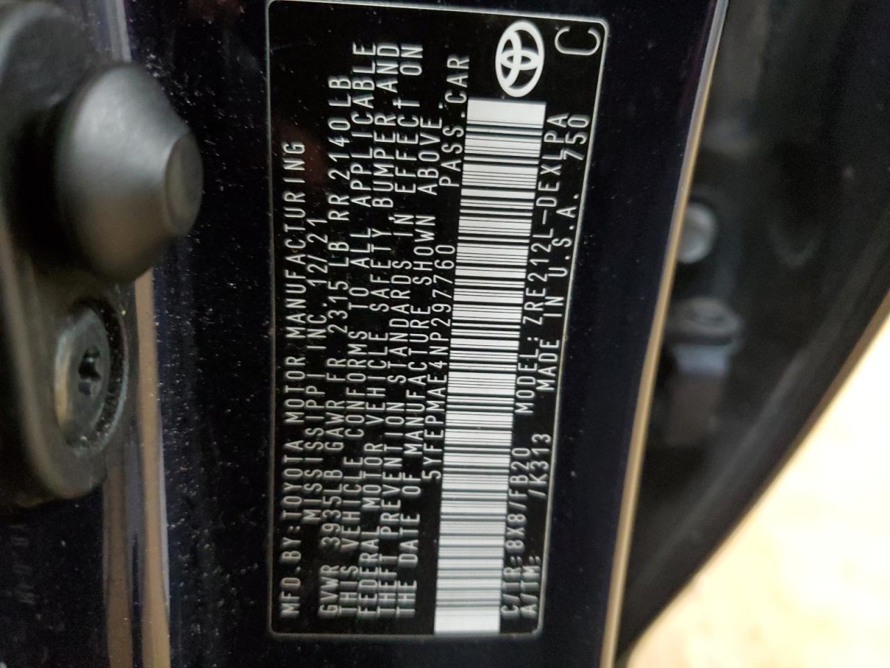 2022 TOYOTA COROLLA LE VIN:5YFEPMAE4NP297760