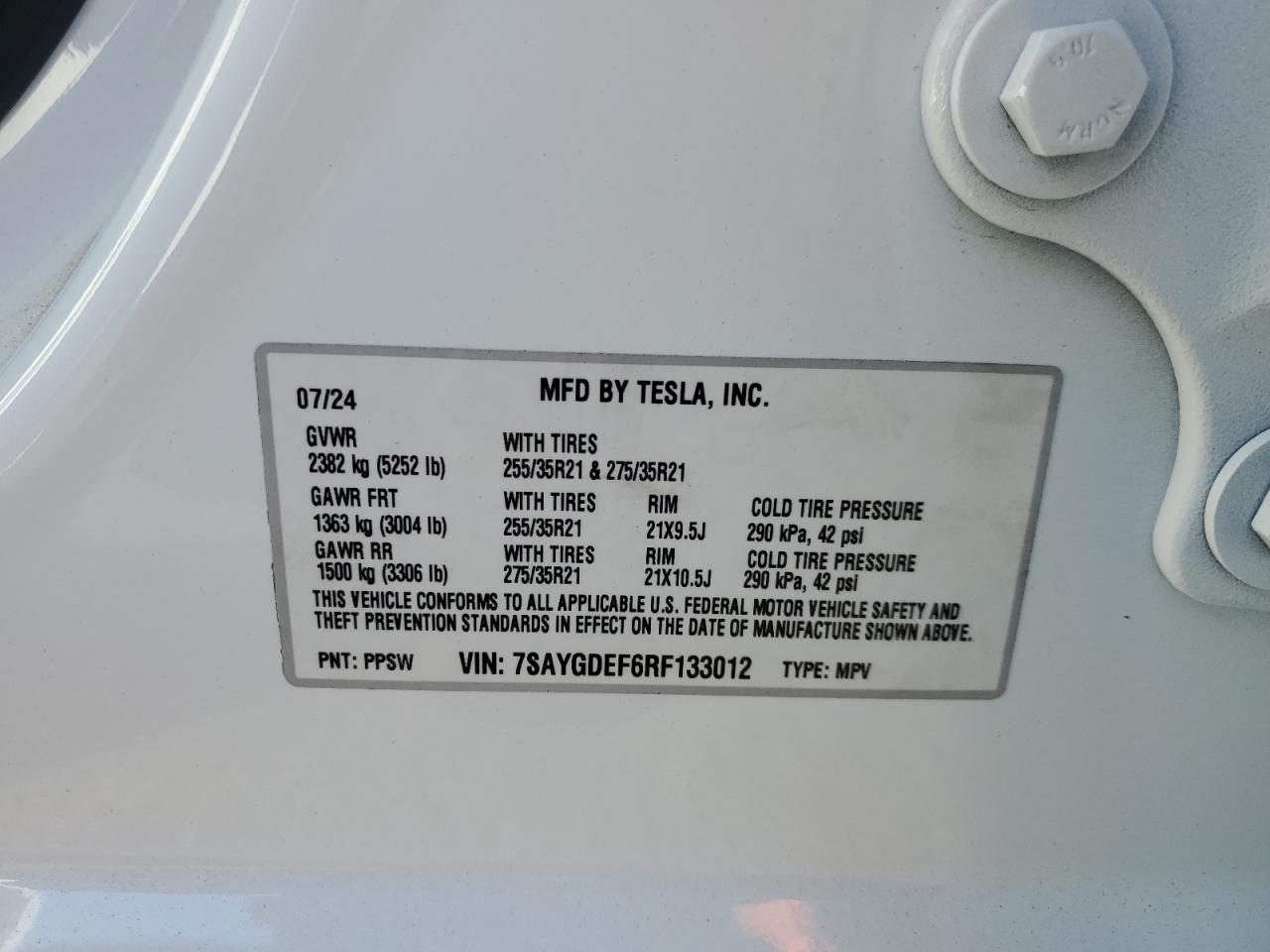 2024 TESLA MODEL Y VIN:7SAYGDEF6RF133012