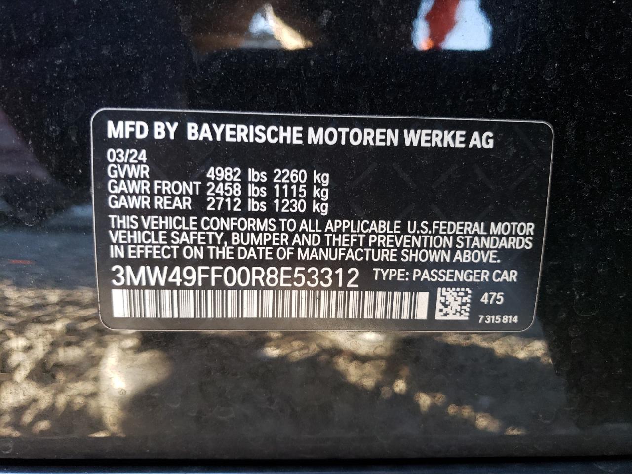 2024 BMW M340XI VIN:3MW49FF00R8E53312