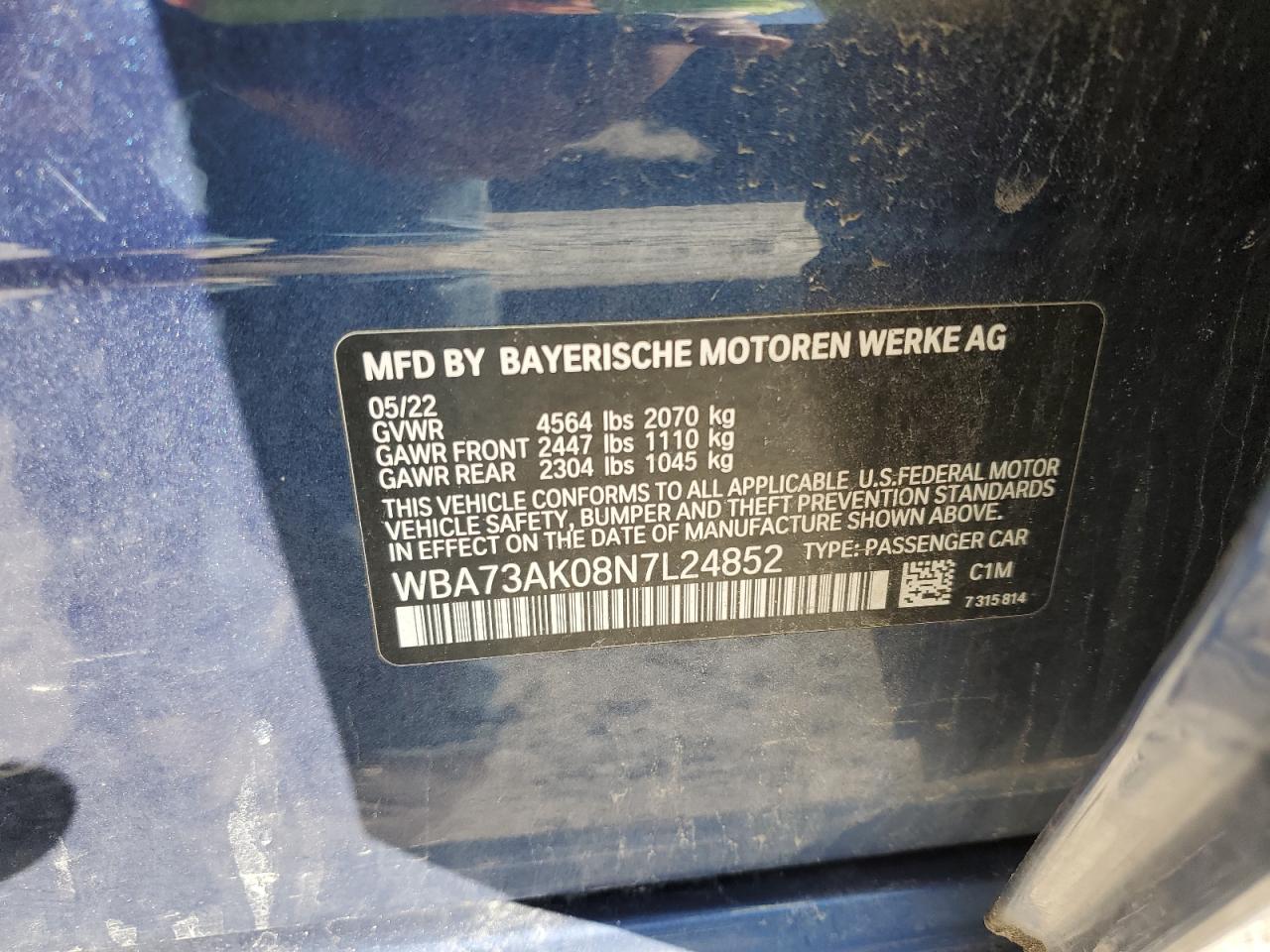 2022 BMW 228XI VIN:WBA73AK08N7L24852