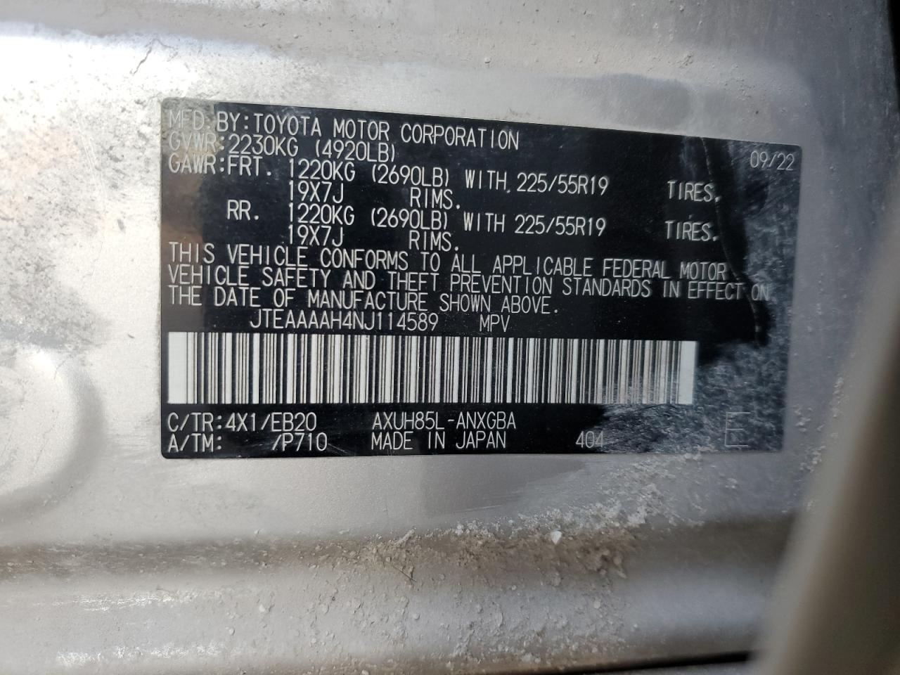 2022 TOYOTA VENZA LE VIN:JTEAAAAH4NJ114589