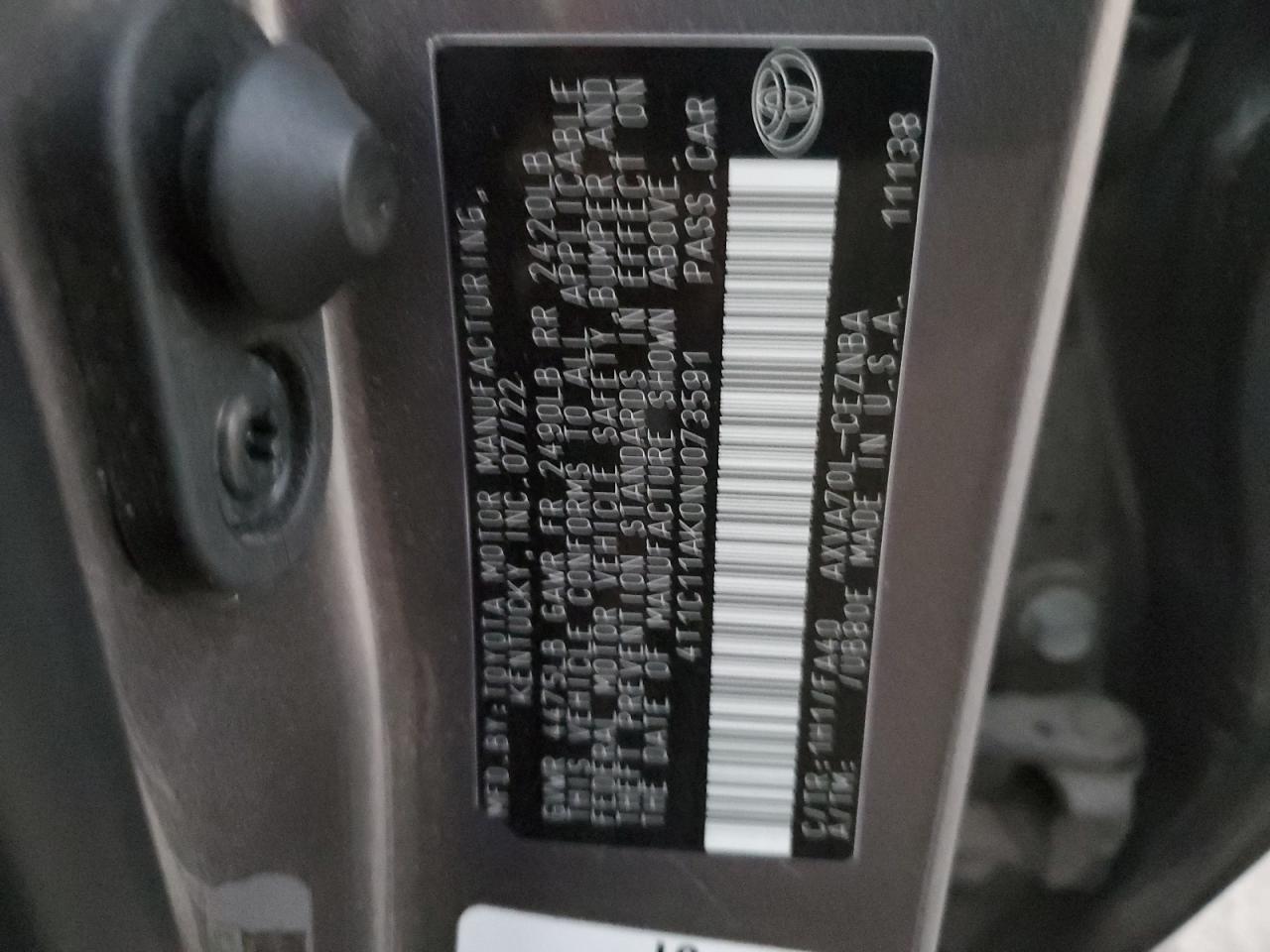 2022 TOYOTA CAMRY LE VIN:4T1C11AK0NU073591