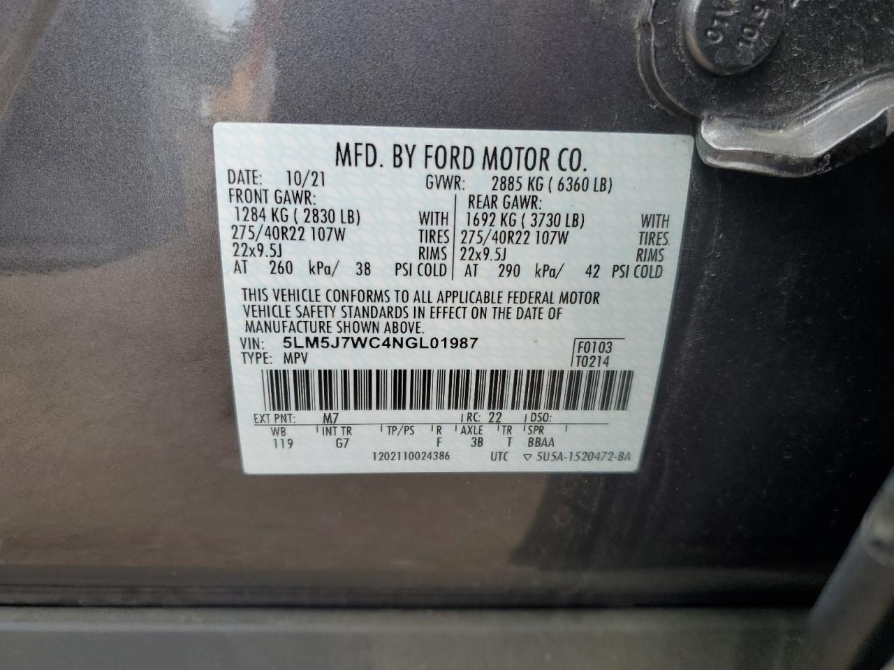 2022 LINCOLN AVIATOR RESERVE VIN:5LM5J7WC4NGL01987