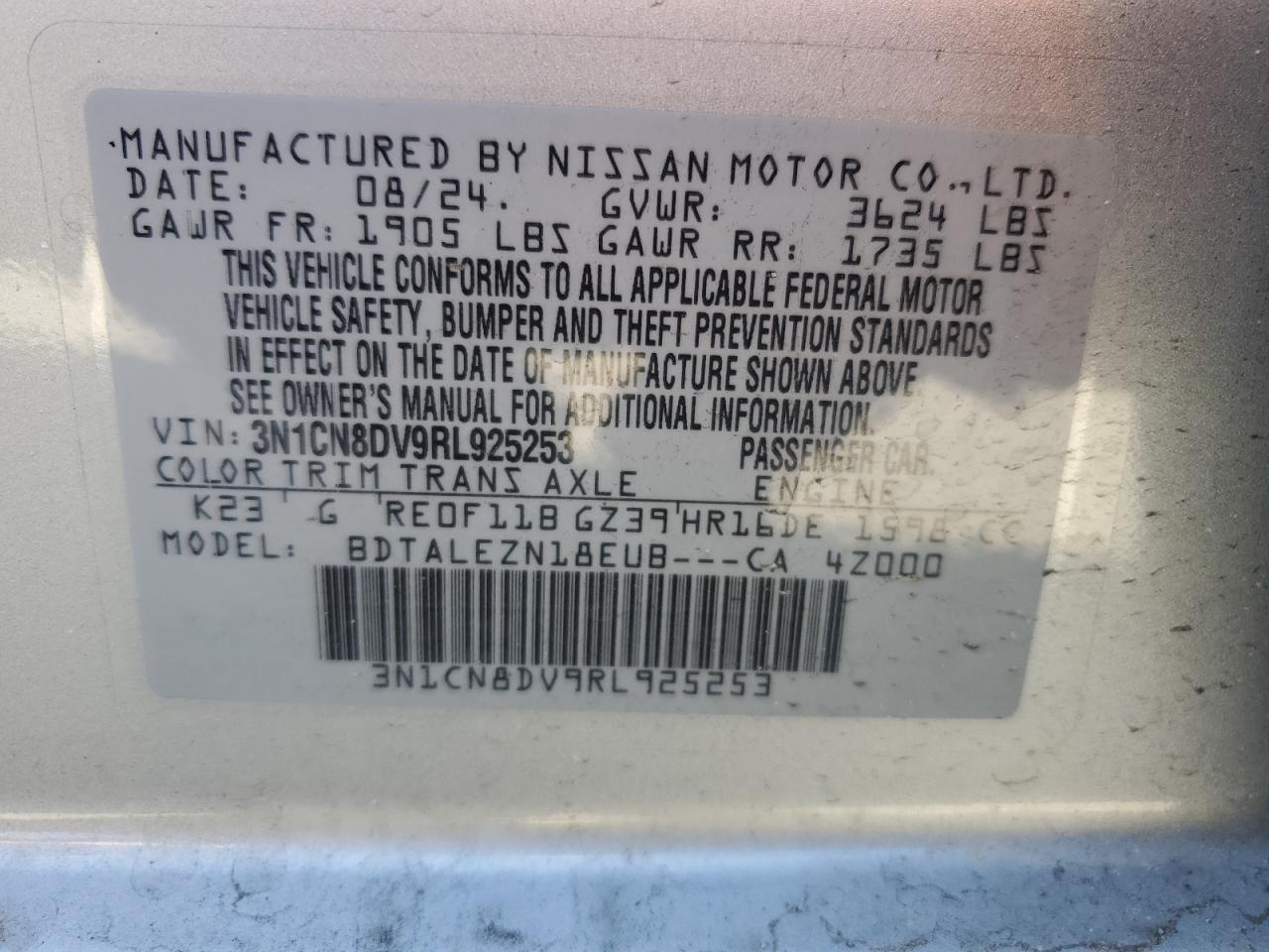 2024 NISSAN VERSA S VIN:3N1CN8DV9RL925253