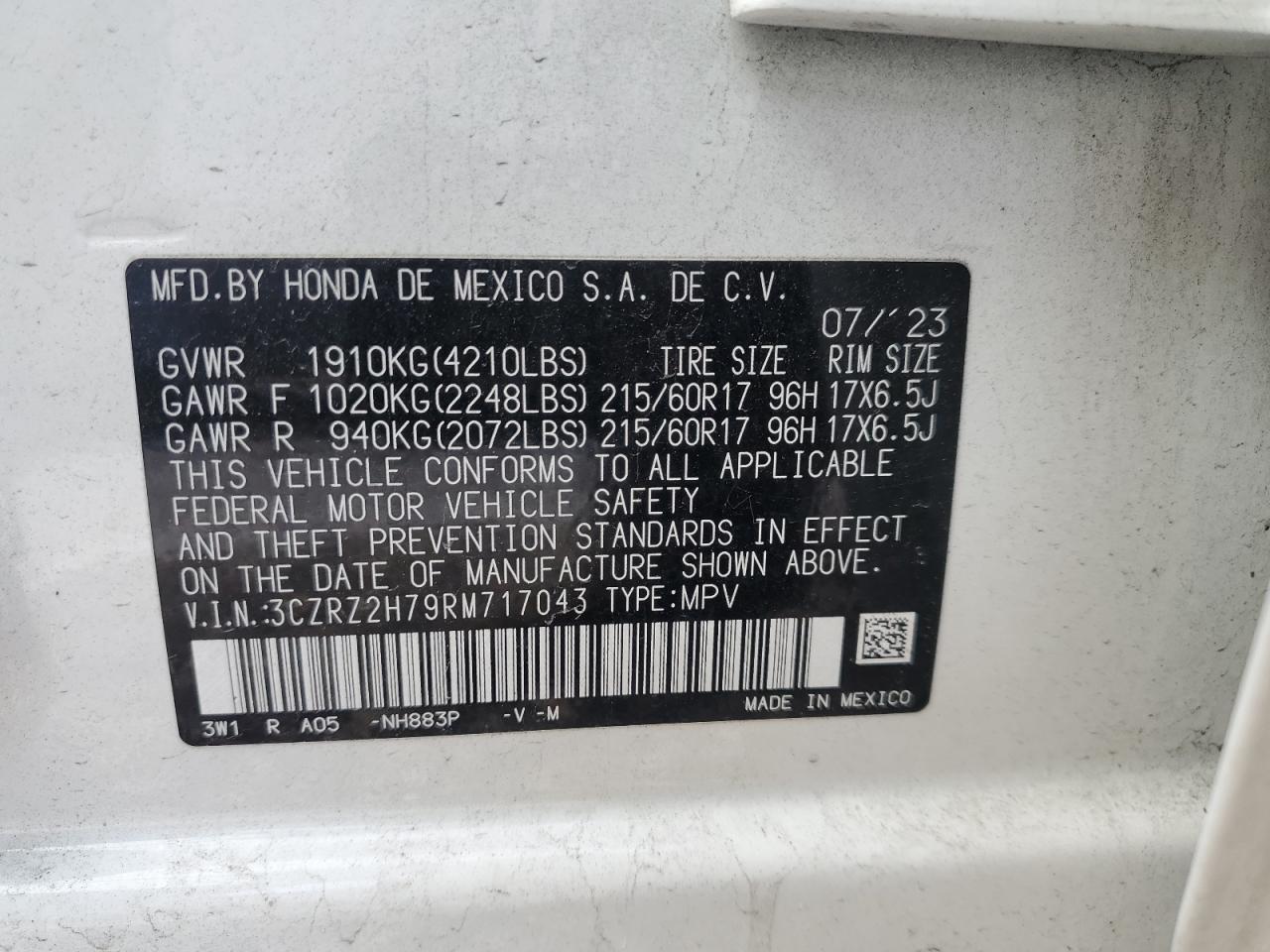 2024 HONDA HR-V EXL VIN:3CZRZ2H79RM717043