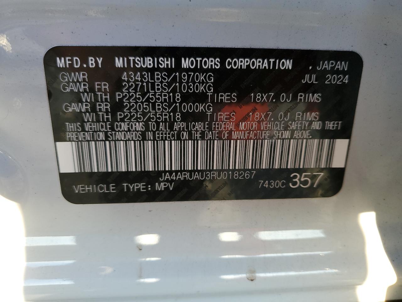 2024 MITSUBISHI OUTLANDER SPORT S/SE VIN:JA4ARUAU3RU018267